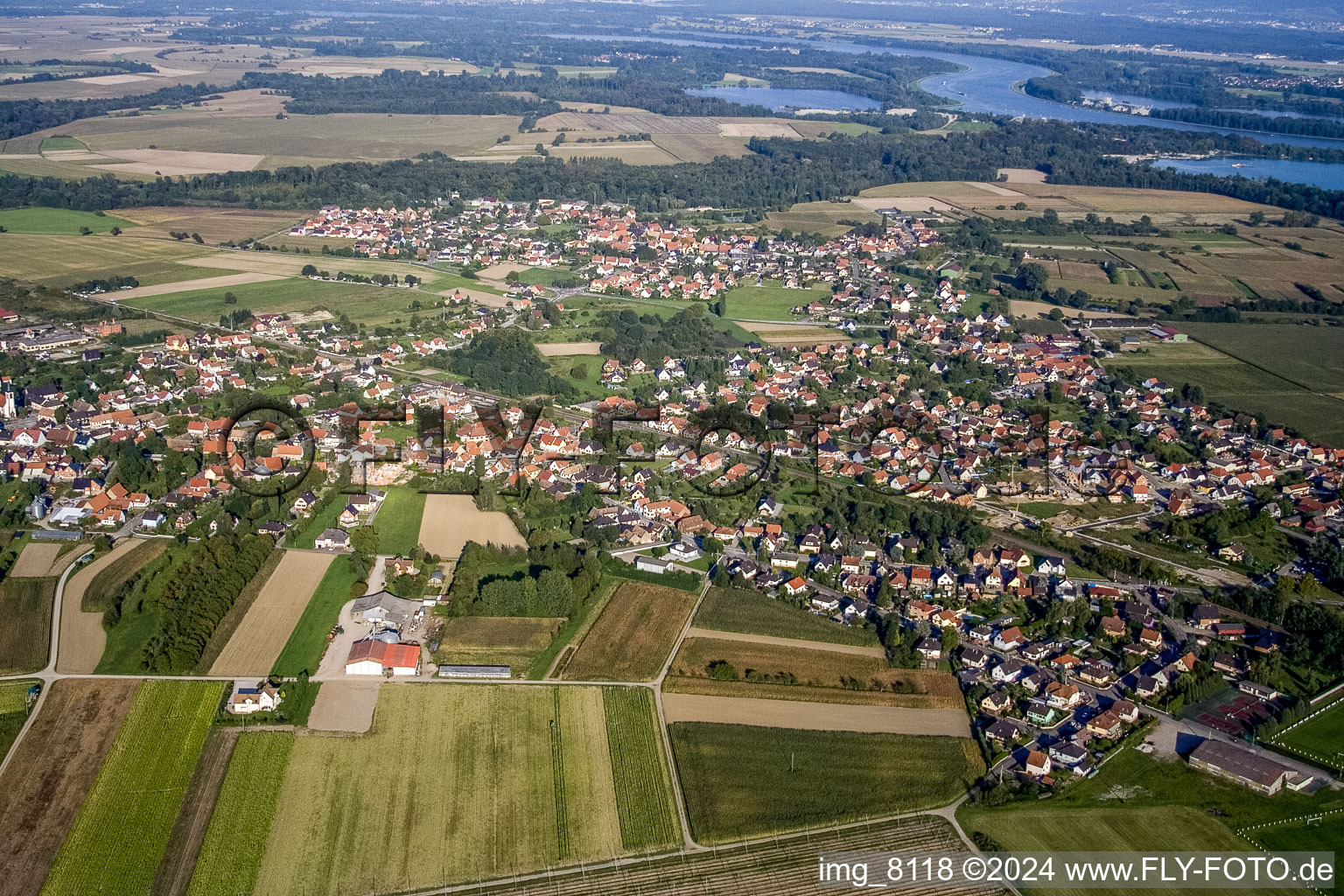 Vue aérienne de Champs agricoles et surfaces utilisables à Sessenheim dans le département Bas Rhin, France