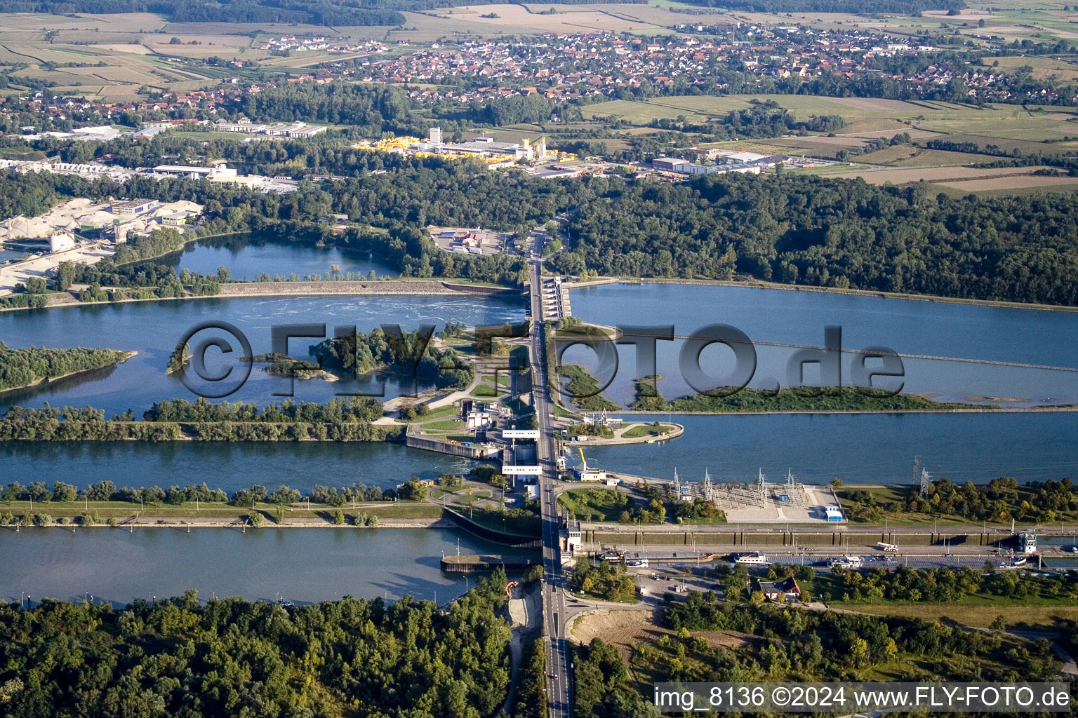 Vue aérienne de Barrage Rheinau - Gambsheim à le quartier Freistett in Rheinau dans le département Bade-Wurtemberg, Allemagne