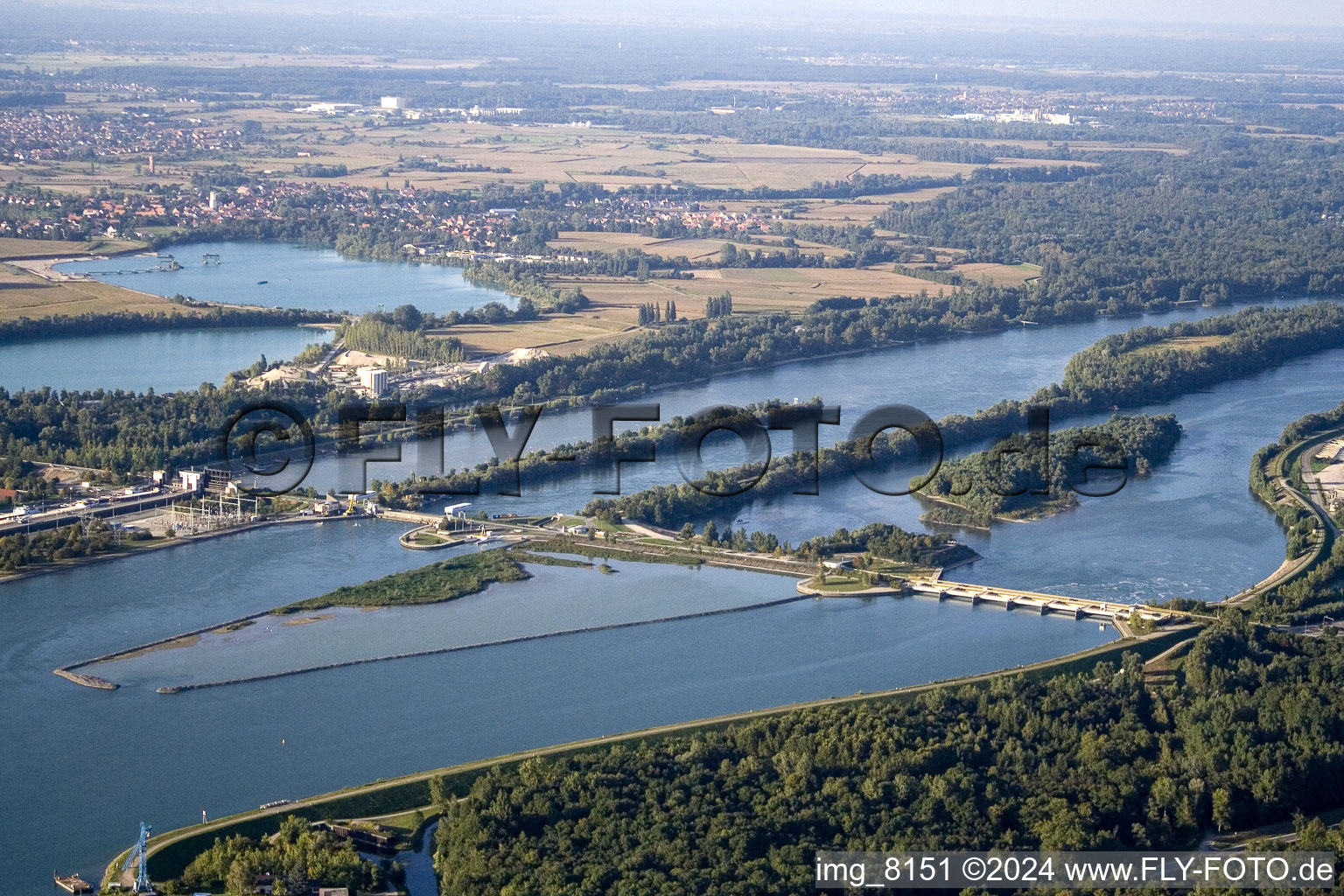 Vue aérienne de Barrage Rheinau - Gambsheim depuis le sud-est à le quartier Freistett in Rheinau dans le département Bade-Wurtemberg, Allemagne