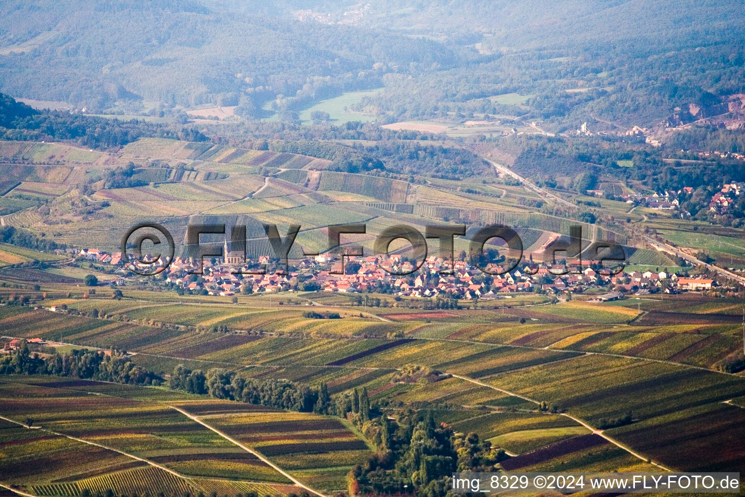 Vue aérienne de Paysage viticole des terroirs viticoles à Birkweiler dans le département Rhénanie-Palatinat, Allemagne