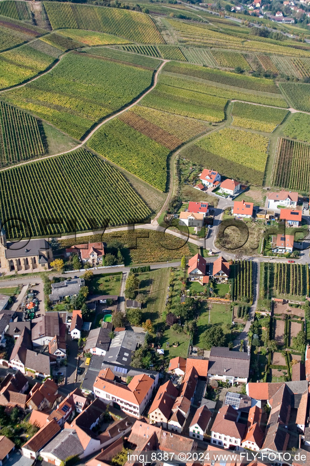 Vue aérienne de Vignobles et zones agricoles à Birkweiler dans le département Rhénanie-Palatinat, Allemagne