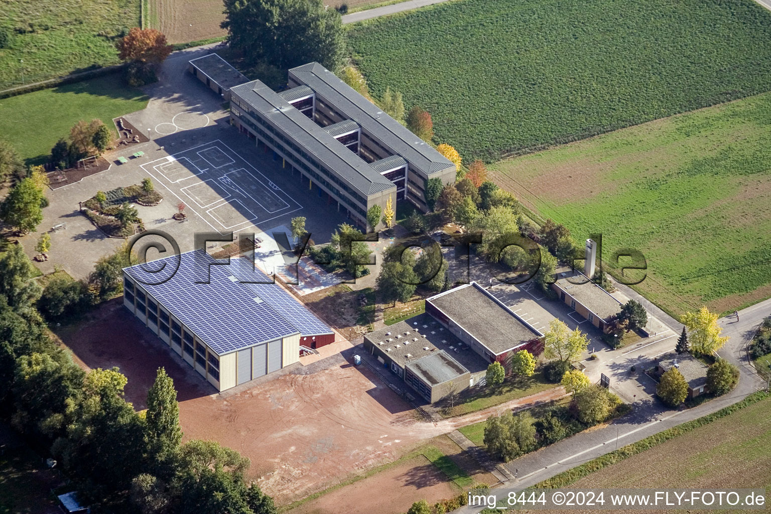 Vue aérienne de Terrain de l'école et école de Klingbach à le quartier Ingenheim in Billigheim-Ingenheim dans le département Rhénanie-Palatinat, Allemagne