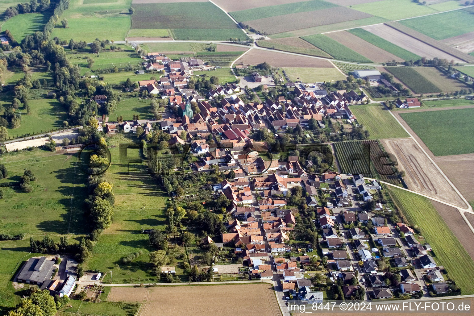 Vue des rues et des maisons des quartiers résidentiels à le quartier Mühlhofen in Billigheim-Ingenheim dans le département Rhénanie-Palatinat, Allemagne hors des airs