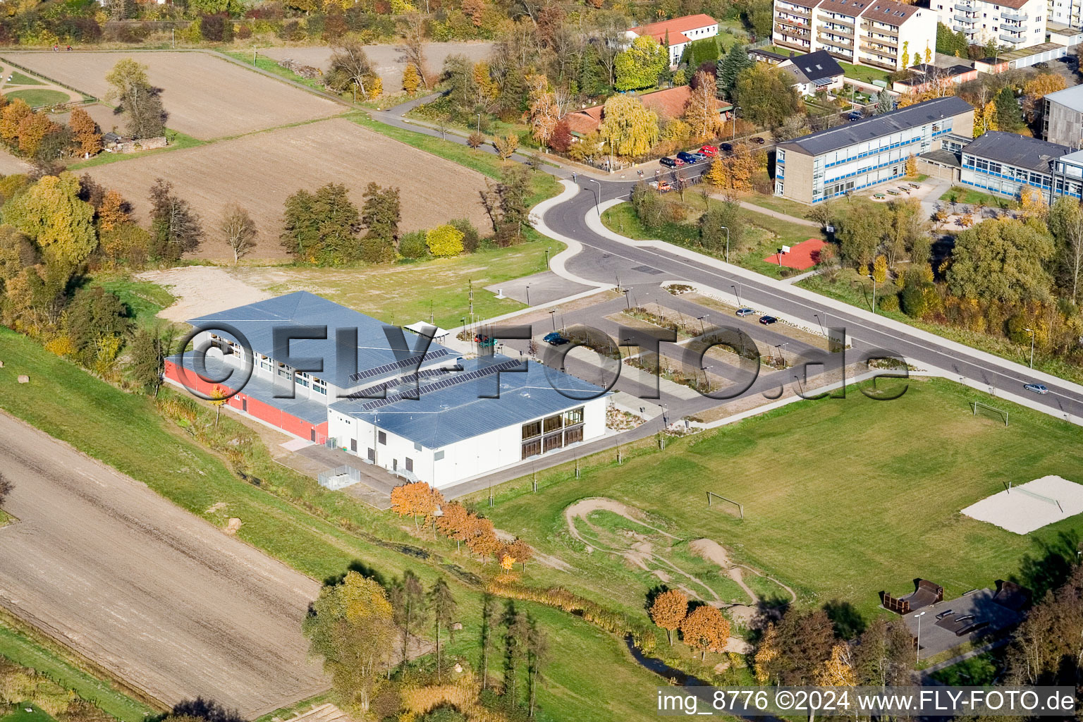 Bienwaldhalle à Kandel dans le département Rhénanie-Palatinat, Allemagne du point de vue du drone