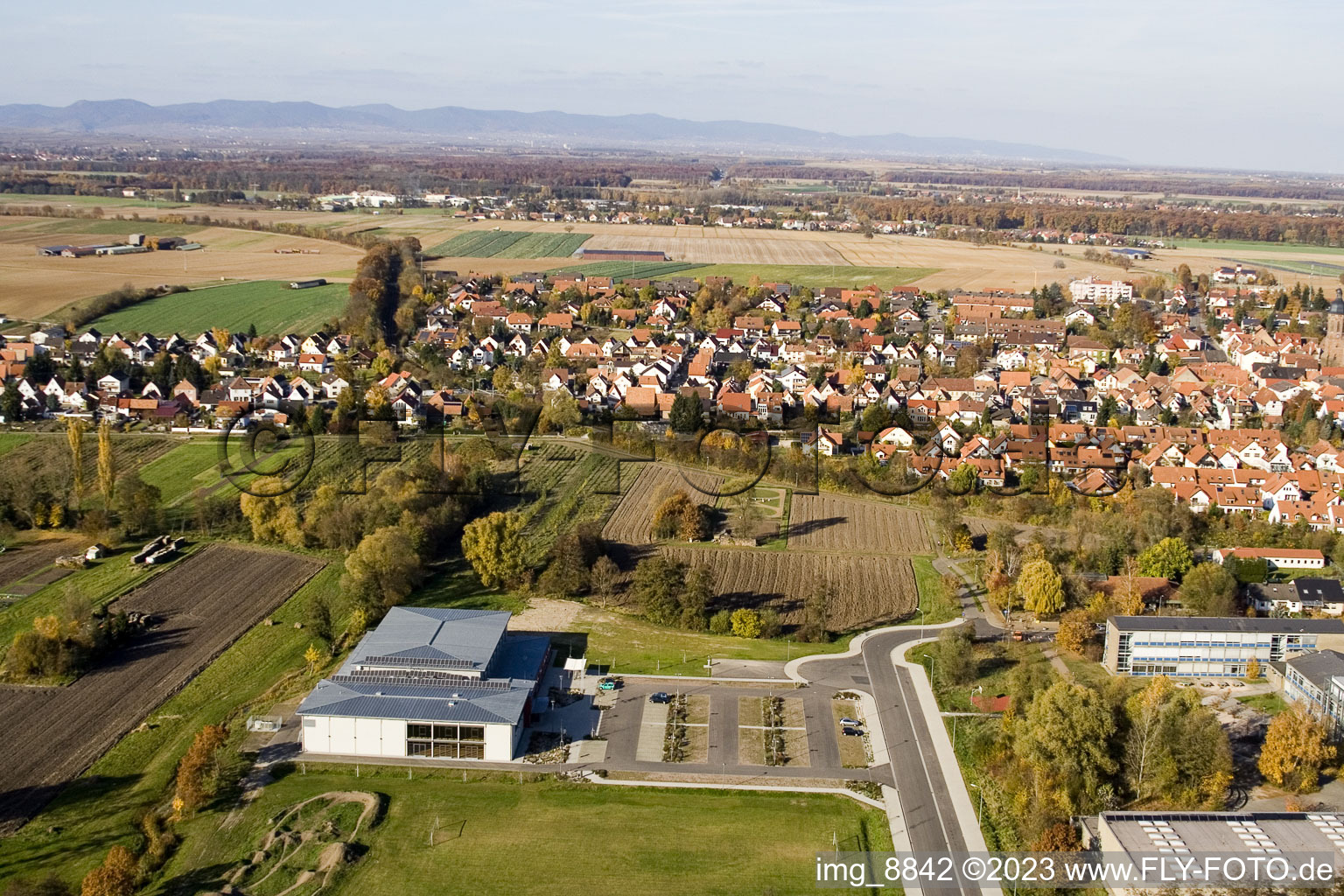 Bienwaldhalle à Kandel dans le département Rhénanie-Palatinat, Allemagne vue d'en haut