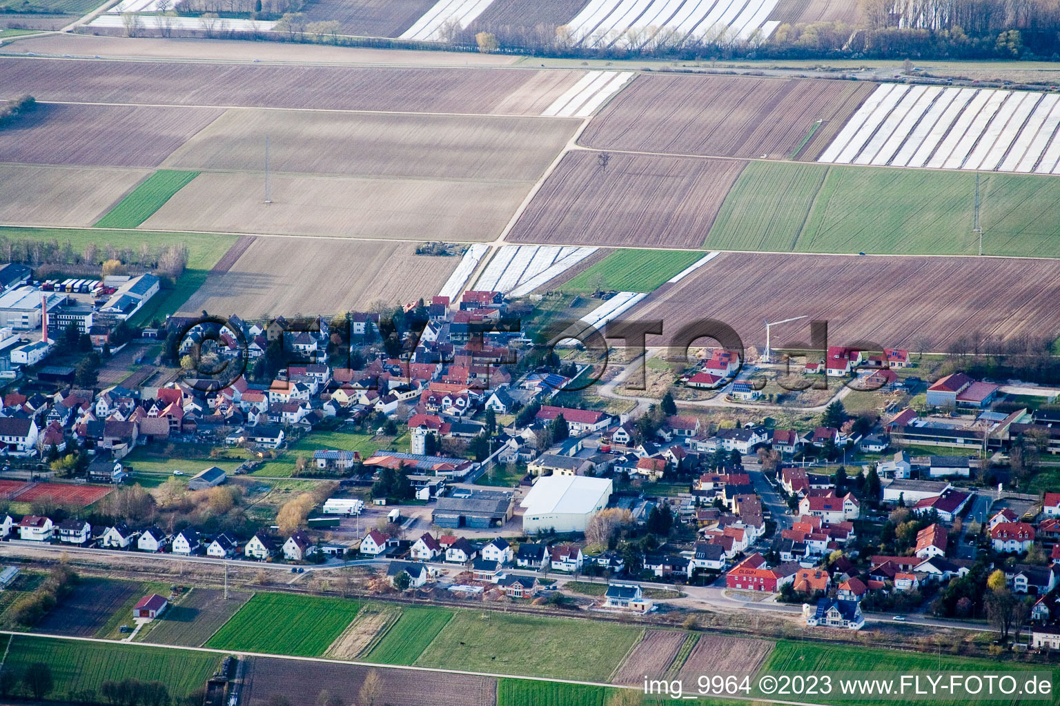 Vue aérienne de Niederlustadt à Lustadt dans le département Rhénanie-Palatinat, Allemagne