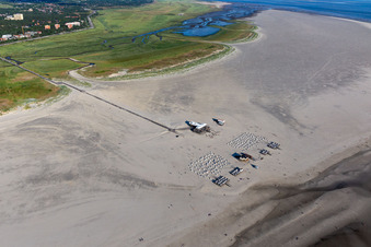Vue aérienne de Paysage côtier sur la plage de sable de la mer du Nord à le quartier Ording in Sankt Peter-Ording dans le département Schleswig-Holstein, Allemagne