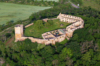 Photographie aérienne de Ruines et vestiges des murs de l'ancien complexe du château et de la forteresse Burg Gleichen sur la Thomas-Müntzer-Straße à le quartier Wandersleben in Drei Gleichen dans le département Thuringe, Allemagne