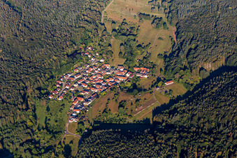 Vue aérienne de Centre du village composé de rues et de maisons et de zones résidentielles entourées de forêts et de bois à Böllenborn dans le département Rhénanie-Palatinat, Allemagne