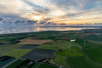 Vue aérienne de Mer des Wadden, côte de la mer du Nord, avec parc éolien à Hedwigenkoog dans le département Schleswig-Holstein, Allemagne