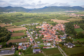 Vue aérienne de Champs et vignobles avec en toile de fond la lisière de Haardt de la forêt du Palatinat à le quartier Heuchelheim in Heuchelheim-Klingen dans le département Rhénanie-Palatinat, Allemagne