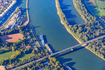 Vue aérienne de Embarcadère pour les bateaux de croisière du Rhin sous le pont du Salier à Speyer dans le département Rhénanie-Palatinat, Allemagne