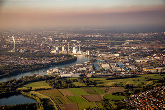 Vue aérienne de Backofen-Riedwiesen devant le Rheinauhafen à le quartier Rheinau in Mannheim dans le département Bade-Wurtemberg, Allemagne