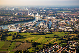 Vue aérienne de Backofen-Riedwiesen devant le Rheinauhafen à le quartier Rohrhof in Brühl dans le département Bade-Wurtemberg, Allemagne