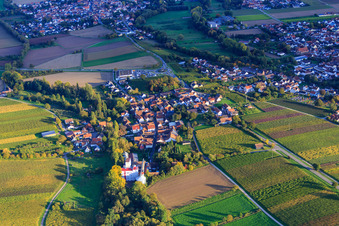 Vue aérienne de Vue du village entre les vignobles automnaux depuis l'ouest avec le moulin Bischoff à le quartier Appenhofen in Billigheim-Ingenheim dans le département Rhénanie-Palatinat, Allemagne