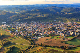 Vue aérienne de Vue de la ville depuis le sud-est avec la rocade B38 à Bad Bergzabern dans le département Rhénanie-Palatinat, Allemagne