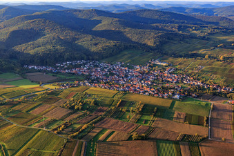 Vue aérienne de Vue du village entre les vignes automnales depuis le sud à Oberotterbach dans le département Rhénanie-Palatinat, Allemagne