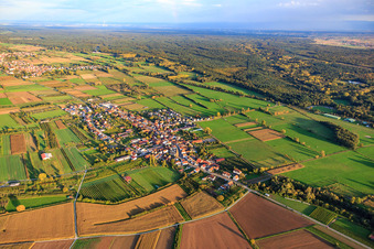 Vue aérienne de Vue d'ensemble du village entre champs et prairies automnales avec l'église Saint-Laurent du nord-ouest à Schweighofen dans le département Rhénanie-Palatinat, Allemagne