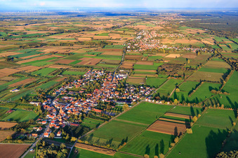 Vue aérienne de Vue d'ensemble du village entre champs et prairies automnales depuis l'ouest à Schweighofen dans le département Rhénanie-Palatinat, Allemagne
