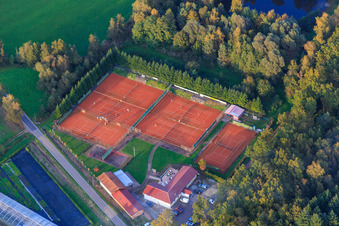 Photographie aérienne de Waldhof Frey en bordure du Bienwald et des courts de tennis à Steinfeld dans le département Rhénanie-Palatinat, Allemagne