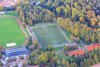 Vue aérienne de Stade du TuS 1908 Schaidt en bordure du Bienwald depuis le sud à le quartier Schaidt in Wörth am Rhein dans le département Rhénanie-Palatinat, Allemagne