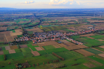 Vue aérienne de Vue d'ensemble du village entre champs et prairies automnales sur le Viehstrich depuis le sud à Freckenfeld dans le département Rhénanie-Palatinat, Allemagne
