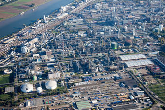 Du nord à le quartier BASF in Ludwigshafen am Rhein dans le département Rhénanie-Palatinat, Allemagne depuis l'avion