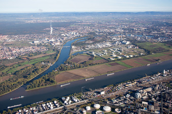 Vue aérienne de Bonadieshafen, île de Friesenheim à le quartier Neckarstadt-West in Mannheim dans le département Bade-Wurtemberg, Allemagne
