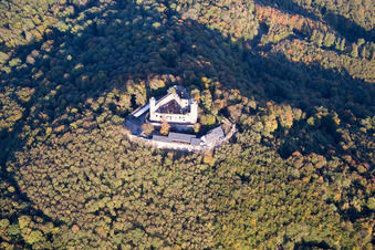 Vue aérienne de Ruines et vestiges des murs de l'ancien château et forteresse Schloss Auerbach de Schloss Auerbach GmbH dans le quartier d'Alsbach à Alsbach-Hähnlein à le quartier Auerbach in Bensheim dans le département Hesse, Allemagne