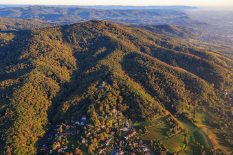 Vue aérienne de Château Alsbach au-dessus de la ville au bord de l'Odenwald depuis l'ouest à le quartier Alsbach in Alsbach-Hähnlein dans le département Hesse, Allemagne