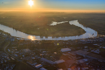 Vue aérienne de Boucle du Rhin de Gernsheim au coucher du soleil à Gernsheim dans le département Hesse, Allemagne