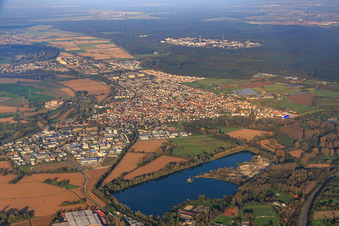 Vue aérienne de Vue de la ville entre Hardtwald et Altrhein depuis le sud à le quartier Eggenstein in Eggenstein-Leopoldshafen dans le département Bade-Wurtemberg, Allemagne