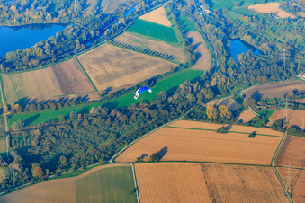 Vue aérienne de Parapente au-dessus des prairies rhénanes sur le Vieux Rhin à le quartier Eggenstein in Eggenstein-Leopoldshafen dans le département Bade-Wurtemberg, Allemagne