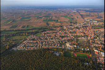 Vue aérienne de Terrains de sport et chênes clairs en lisière de forêt à Rülzheim dans le département Rhénanie-Palatinat, Allemagne