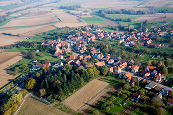Vue aérienne de Champs agricoles et terres agricoles à Soultz-sous-Forêts dans le département Bas Rhin, France