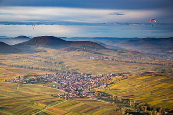 Vue aérienne de Paysage viticole automnal avec des parapentes devant la lisière de Haardt de la forêt du Palatinat, la région viticole à le quartier Wollmesheim in Landau in der Pfalz dans le département Rhénanie-Palatinat, Allemagne