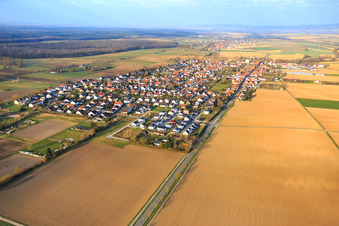 Vue oblique de Vue d'ensemble du village en hiver sur la B427 depuis l'est à Minfeld dans le département Rhénanie-Palatinat, Allemagne