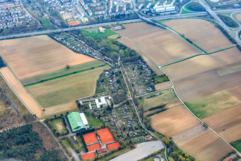 Vue aérienne de Jardin familial au Woogbach avec club de tir Speyer 1529 eV à Speyer dans le département Rhénanie-Palatinat, Allemagne