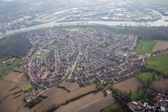 Vue aérienne de Vue des rues et des maisons dans les quartiers résidentiels à Altrip dans le département Rhénanie-Palatinat, Allemagne