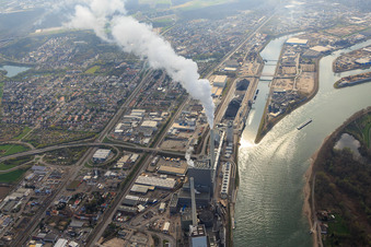 Vue aérienne de GKM : Grande centrale électrique Mannheim au bord du Rhin à le quartier Neckarau in Mannheim dans le département Bade-Wurtemberg, Allemagne