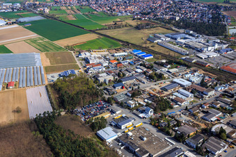 Vue oblique de Zone industrielle de Sandwiesen avec Laetus à le quartier Sandwiese in Alsbach-Hähnlein dans le département Hesse, Allemagne