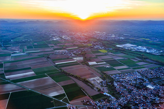 Vue aérienne de Vue du village au coucher du soleil depuis l'est à le quartier Mörlheim in Landau in der Pfalz dans le département Rhénanie-Palatinat, Allemagne