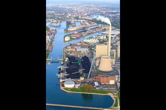Photographie aérienne de EnBW Energie Baden-Württemberg AG, centrale à vapeur du port du Rhin Karlsruhe à le quartier Daxlanden in Karlsruhe dans le département Bade-Wurtemberg, Allemagne