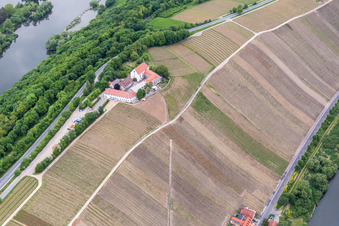 Vue aérienne de Paysage viticole Mainhang au Vogelsburg et à l'église de la Protection de Marie Marker à le quartier Escherndorf in Volkach dans le département Bavière, Allemagne