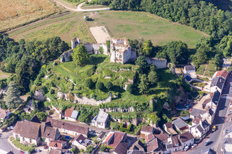 Vue aérienne de Ruines et vestiges des remparts de l'ancien complexe château de Montoire sur le Loir à Montoire-sur-le-Loir dans le département Loir et Cher, France