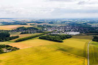 Vue aérienne de Champs de colza jaune et zones cultivées à Saint-Florentin dans le département Yonne, France