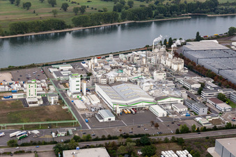 Vue aérienne de Bâtiments et installations de production sur les terrains du producteur chimique Grace GmbH au bord du Rhin à Worms dans le département Rhénanie-Palatinat, Allemagne