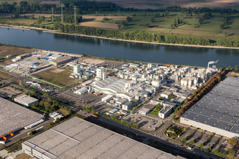 Vue aérienne de Bâtiments et installations de production sur les terrains du producteur chimique Grace GmbH au bord du Rhin à Worms dans le département Rhénanie-Palatinat, Allemagne