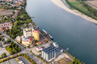Vue aérienne de Silo haut et entrepôt de céréales avec entrepôts adjacents de Proland Agrarhandel GmbH sur les rives du Rhin à le quartier Rheindürkheim in Worms dans le département Rhénanie-Palatinat, Allemagne