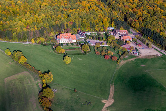Vue aérienne de Bâtiments et parcs du manoir Chambres d'Hôtes Villa le Riesack et de la ferme Ferme Mellon à la lisière de la forêt automnale à Niederbronn-les-Bains dans le département Bas Rhin, France